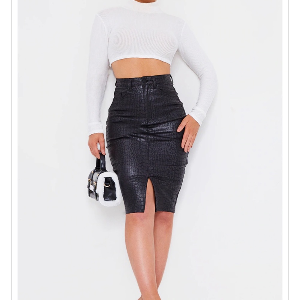 Black Croc Embossed Coated Denim Midi Skirt